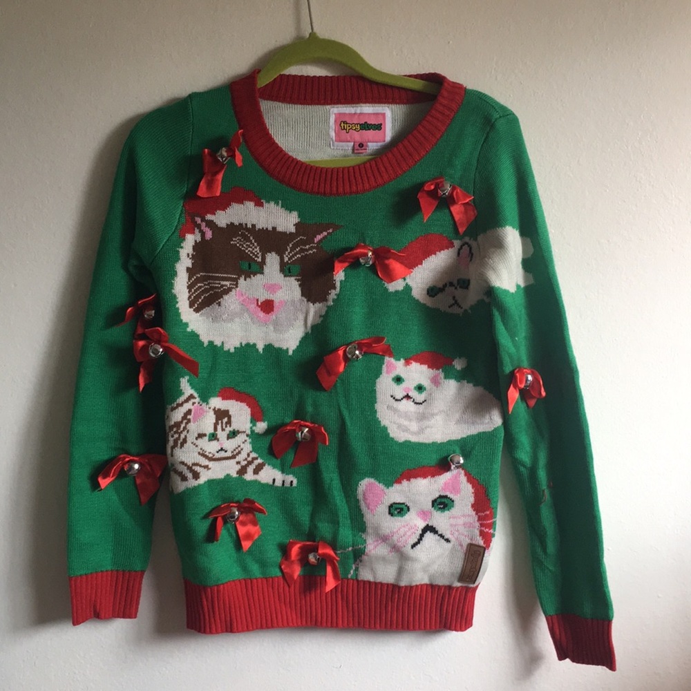 Ugly Christmas Sweater with Cats bows and Bells